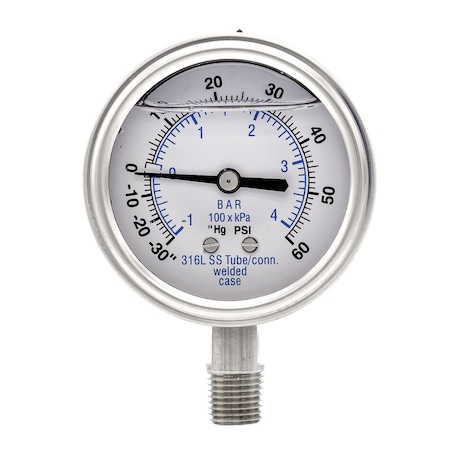 Pic Gauges 2 1/2 in Dial, 1/4 in NPT Male Lower Location, Stainless Steel Case Material PRO-301L-254CD-01